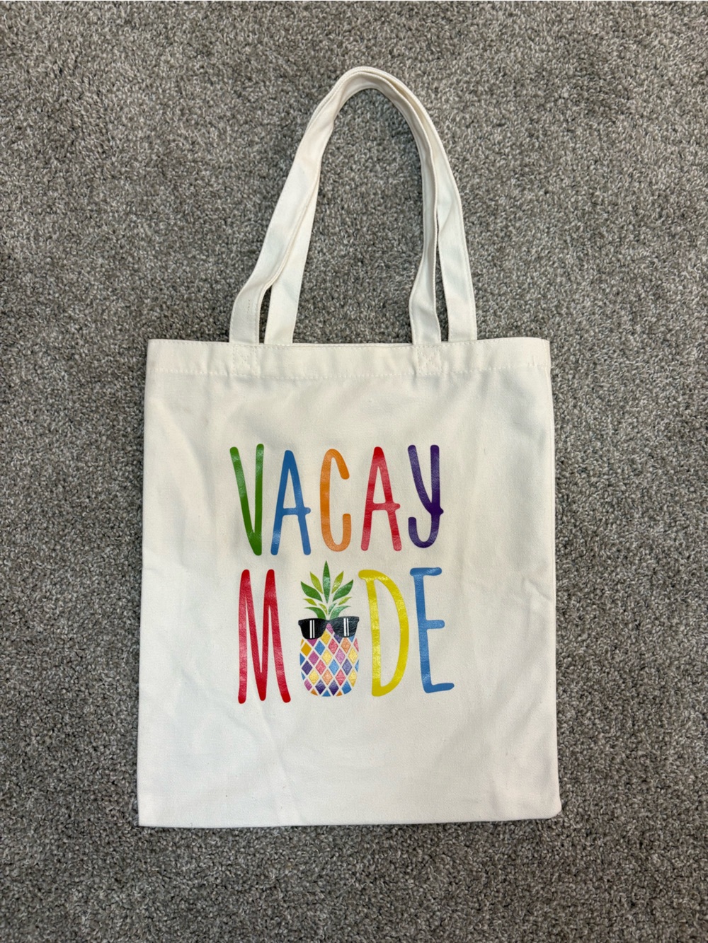 White "Vacay Mode" Canvas Tote Bag with Rainbow Pineapple